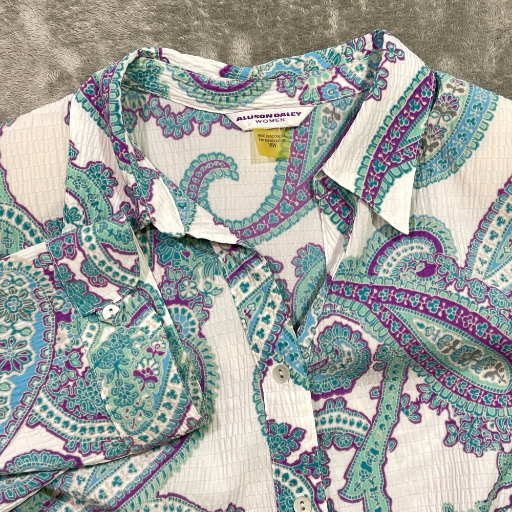 Allison Daley Button Up Shirt Women 18W White Paisley 3/4 Sleeve Seersucker